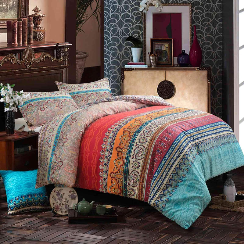 Comforter Set Queen Size, 3Pc Boho Red Blue Colorful Retro Striped Pattern Pri