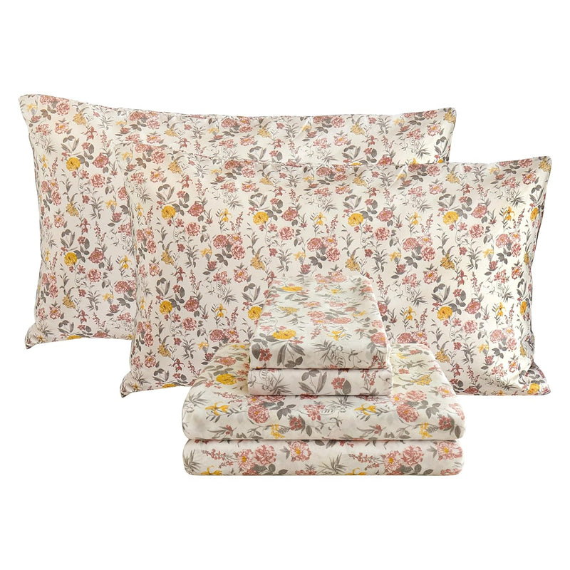 Floral Queen Sheet Set 4 Pieces Pink And Yellow Flower Bed Sheet Soft Breathab