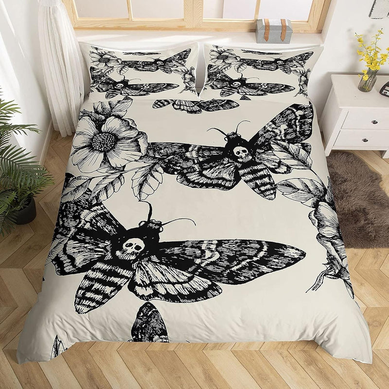 Skull Comforter Cover Set Queen Size Moth Printed Gothic Style Duvet Cover For