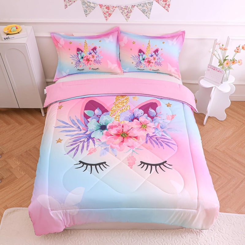 Unicorn Twin Bedding Set For Girls 3 Piece Kids Comforter Set Rainbow Unicorn
