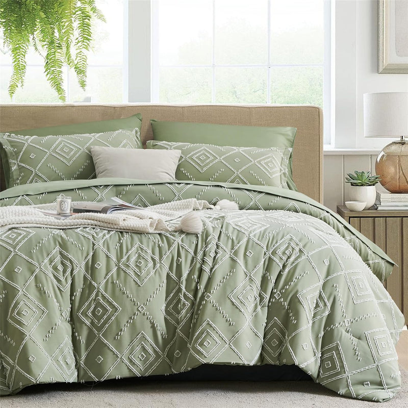 Sage Green Tufted King Size Comforter Set 7 Piece Bed In A Bag, Shabby Chic Bo
