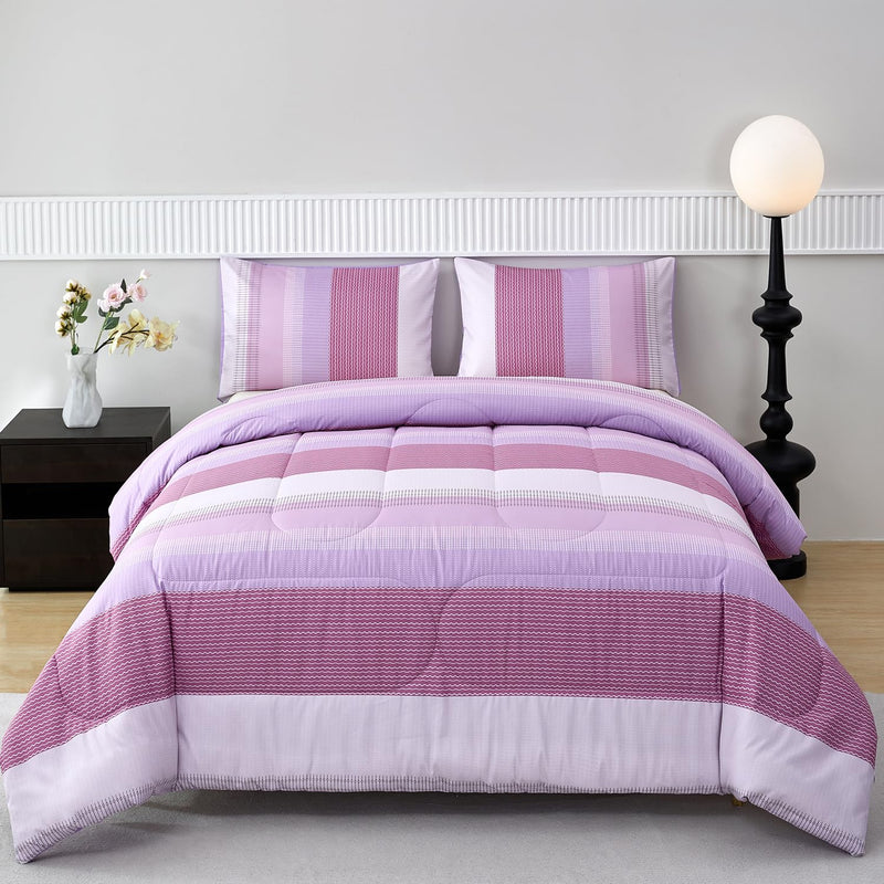 Lavender Purple Comforter Queen Size Lightweight Striped Bedding Set Patchwork