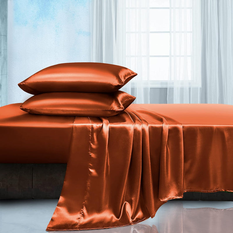 Satin Queen Sheets Set 4 Piece - Soft Silky Satin Sheets Set, Rust Orange Sati