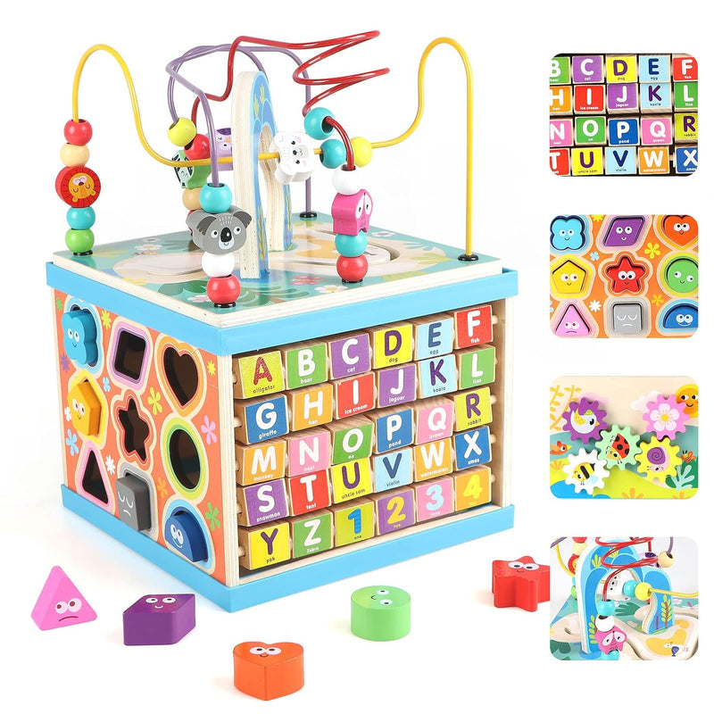 Wooden Activity Cube For Toddlers 1 3, 5 In 1 Multipurpose Abc 123 Abacus E