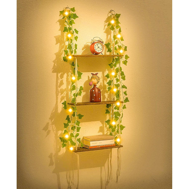 3 Tier Macrame Wall Hanging Shelves With Artificial Ivy Leaves,Boho Room Decor