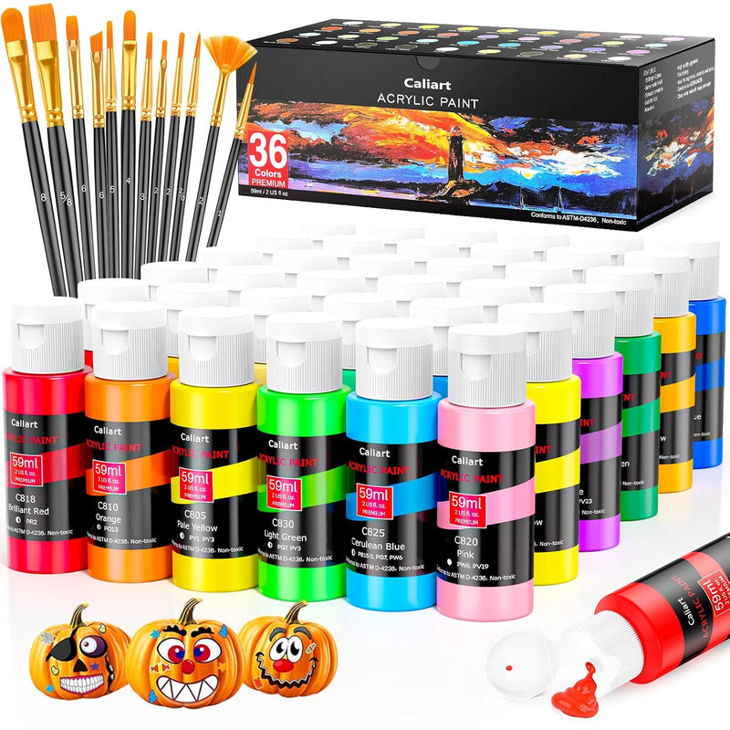 36 Colors Acrylic Paint Set with 12 Professional-Quality Brushes for Artists and Crafters