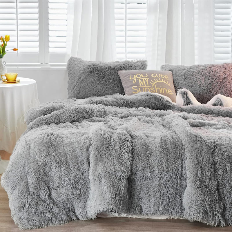 Luxury Faux Fur Queen Size Comforter Set Shaggy Velvet Gray Long Hair, Plush S