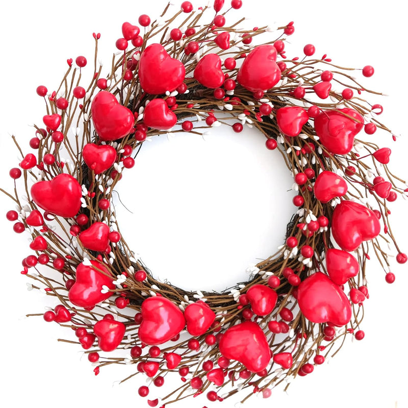 18 Inch Heart-Shaped Berries Valentines Day Front Door Wreath, Red Heart Wreat