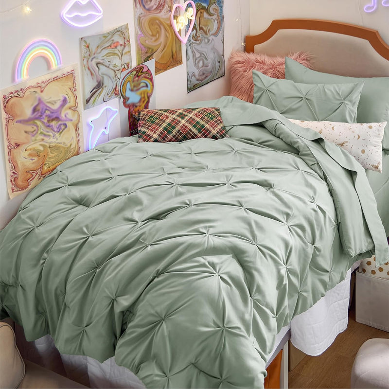 Twin Xl Comforter Set Sage Green - 5 Pieces Bedding Sets, Pinch Pleat Bed In A