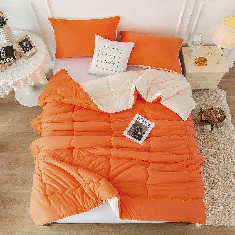 Reversible Ultra-Soft Bright Orange And Beige Comforter Set Queen, Jersey Knit