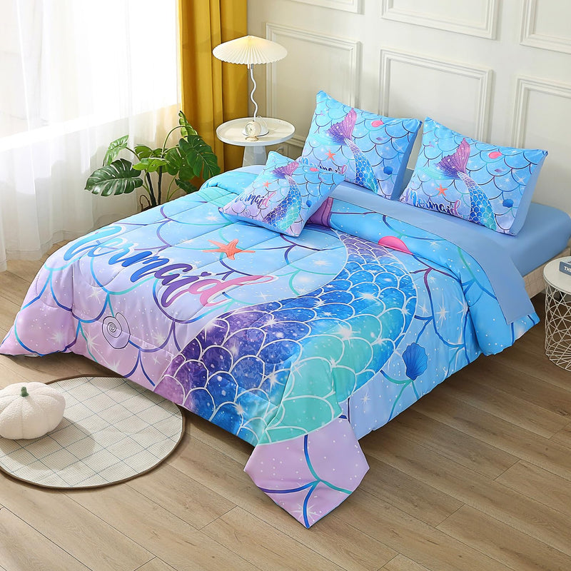 6Pcs Meimaid Tail Comforter Set With Sheets For Teens Girls Kids, Colorful Oce