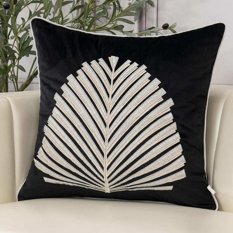 Black White Leaves Velvet Throw Pillow Cover 20 X 20 Inch, Embroidery Square C