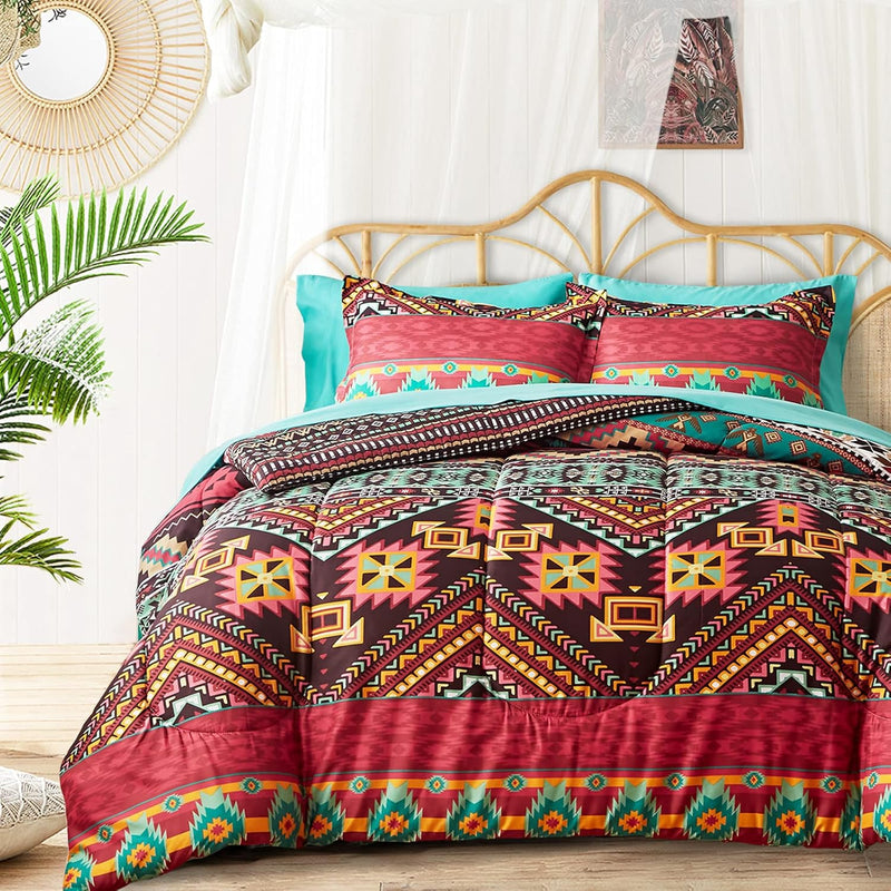 Boho Bed In A Bag 7 Pieces Queen Size, Colorful Bohemian Tribal Comforter Set