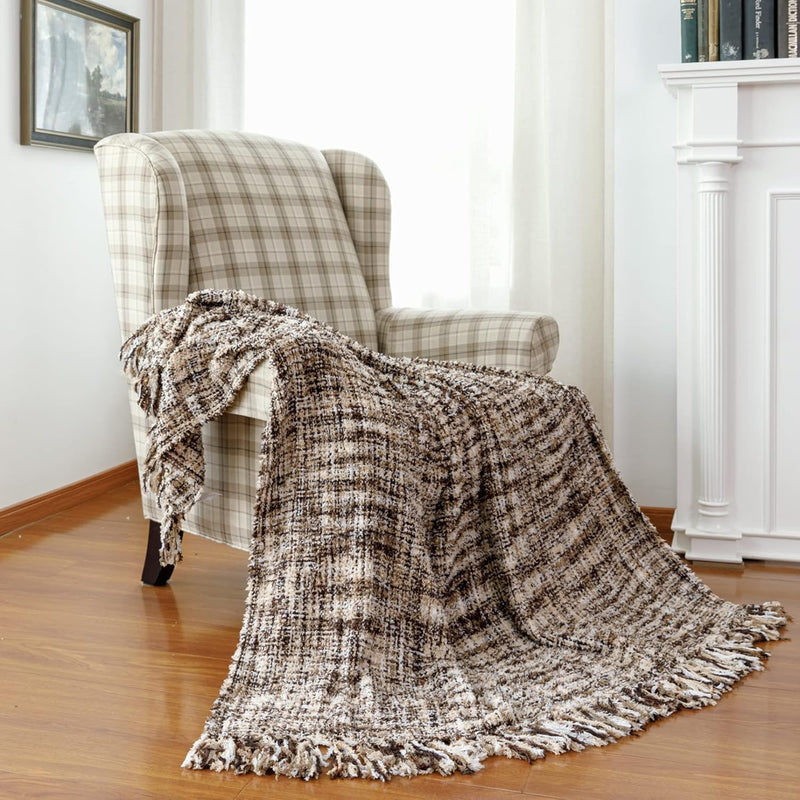 Soft Textured Rustic Blanket Throw With Tassel, Multi-Color Knitted Cozy Farmh