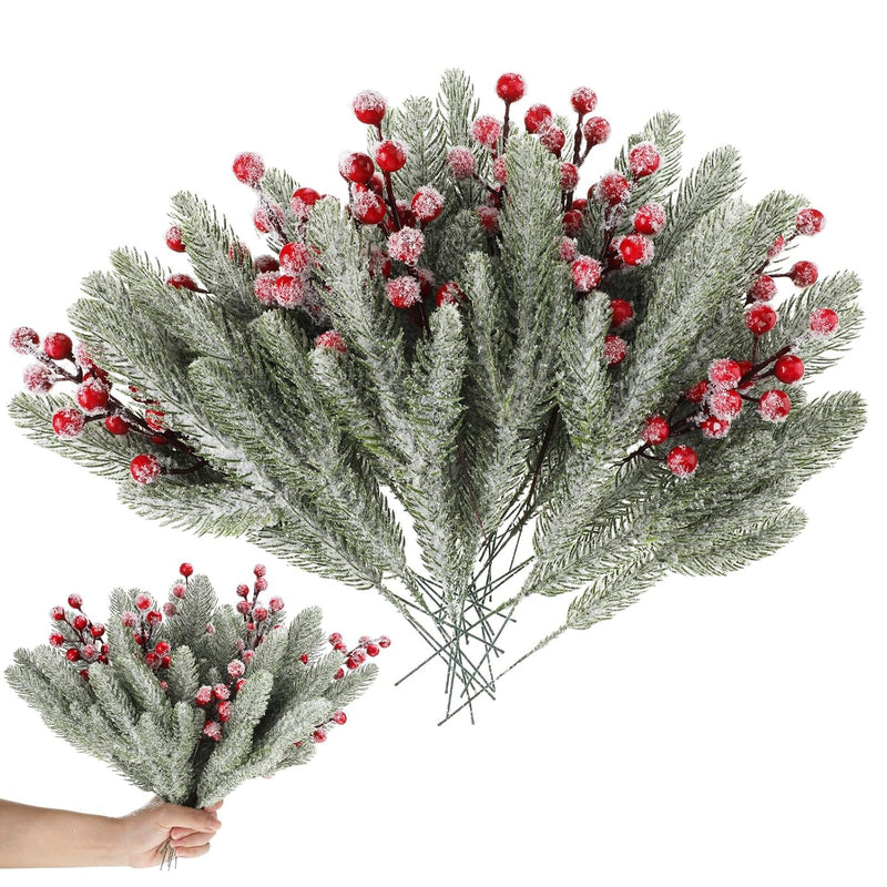 60 Pcs Christmas Artificial Snowy Pine Needles Branches With Red Berry Stems P