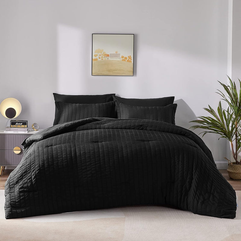 Full Seersucker Comforter Set With Sheets Black Bed In A Bag 7-Pieces All Seas