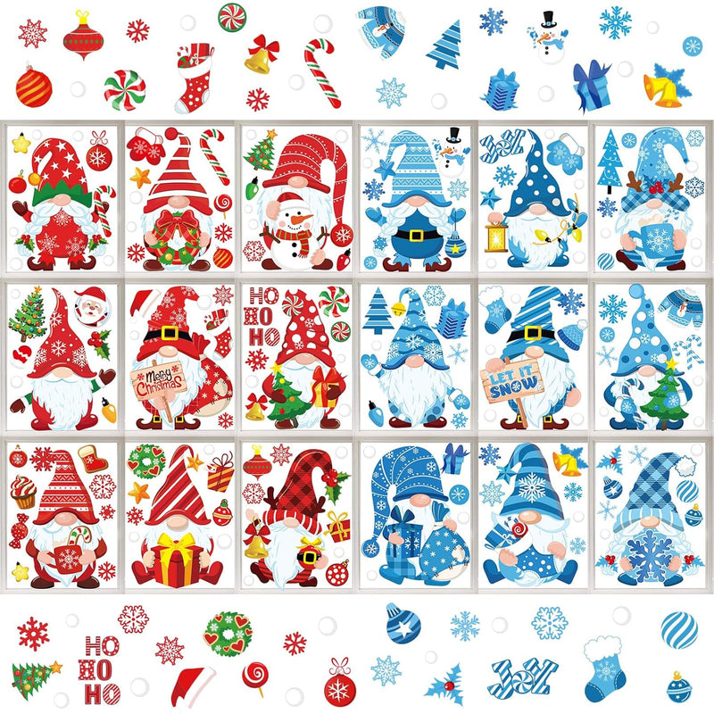 18Pcs Christmas Winter Gnome Window Clings Red Blue Gnomes Xmas Window Decals