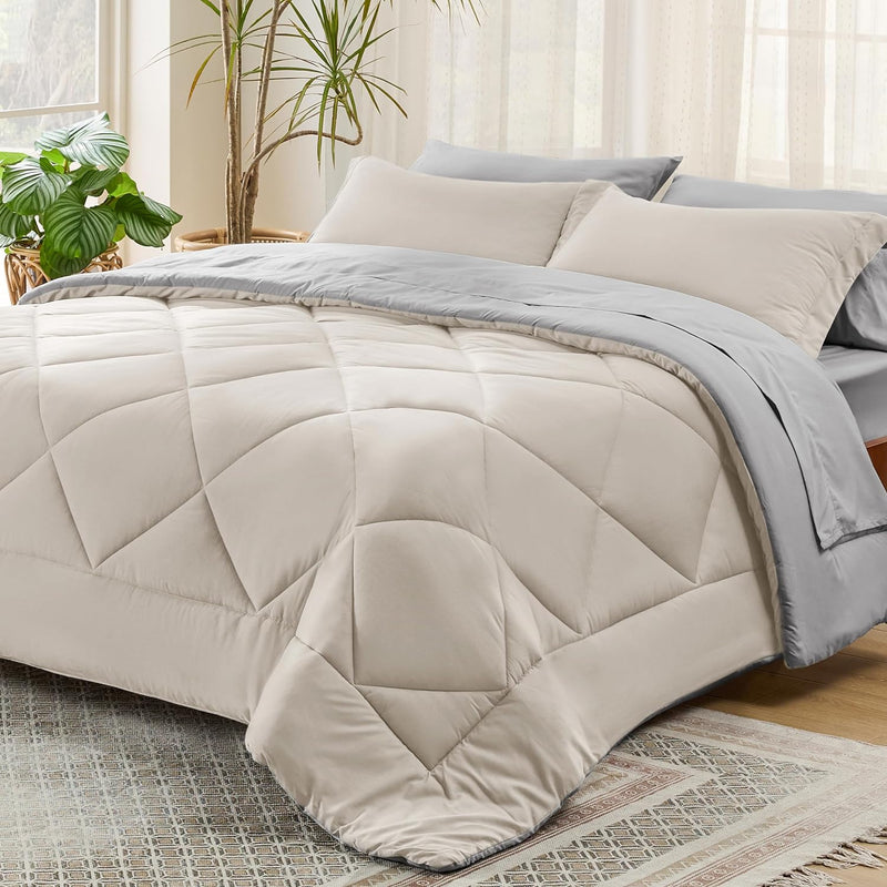 Beige Queen Comforter Set - 7 Pieces Reversible Bed Set Bed In A Bag Queen With Comforters, Sheets, Pillowcases & Shams, Queen Bedding Sets