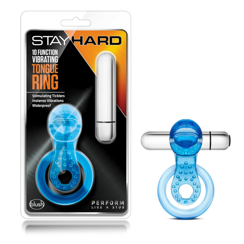 Blush Stay Hard 10 Function 3 In 1 Stimulating Aaa Battery Powered Fragrance Free Vibrating Tongue Ring C Ring With Bullet - Easy Cleaning Ipx7 Submersible Waterproof - Sex Toy For Men Couples - Blue