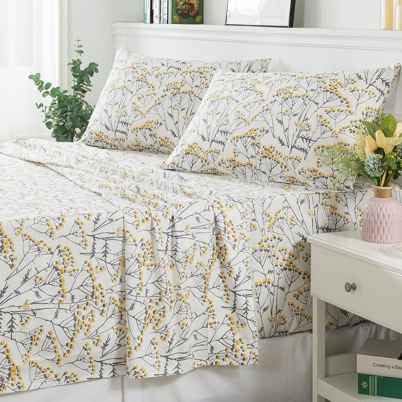 Queen Sheets White Printed Bedding - Soft 600 Tc Cotton Botanical Pattern Beig