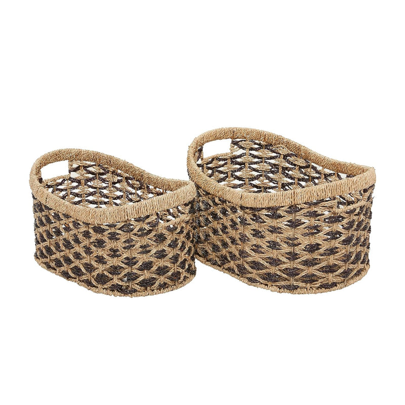 Seagrass Handmade Two Toned Storage Basket With Handles, Set Of 2 10", 9"H, Brow