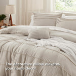 Beige Queen Comforter Set - 4 Pieces Pinch Pleat Bed Set, Down Alternative Bedding Sets For All Season, Includes 1 Comforter, 2 Pillowcases, And 1 Decorative Pillow