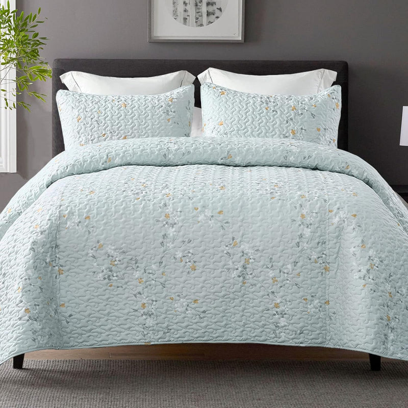 Floral Quilt Set King Size, 3 Piece Soft Lightweight Flower Pattern Printed Aq