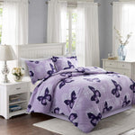 Lightweight Microfiber 3 Piece Comforter Set With 2 Shams, Butterfly Pattern Bedding Set, Full/Queen, Purple