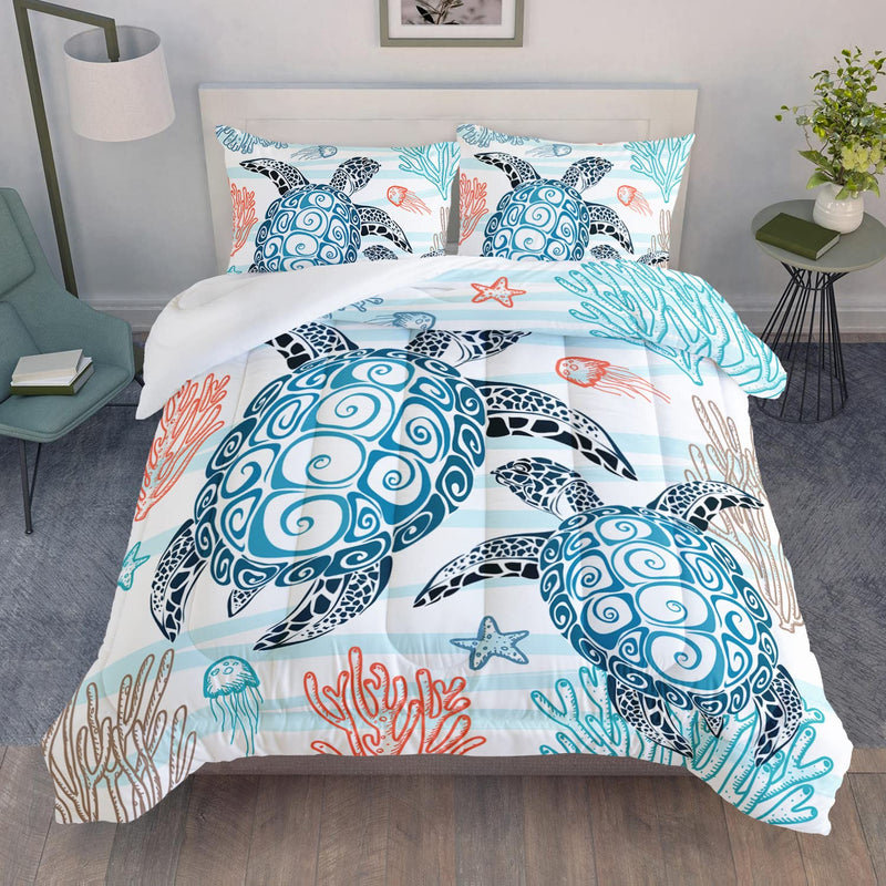 Sea Turtle Comforter Set,Coastal Beach Themed Bedroom Comforter Set Queen Size