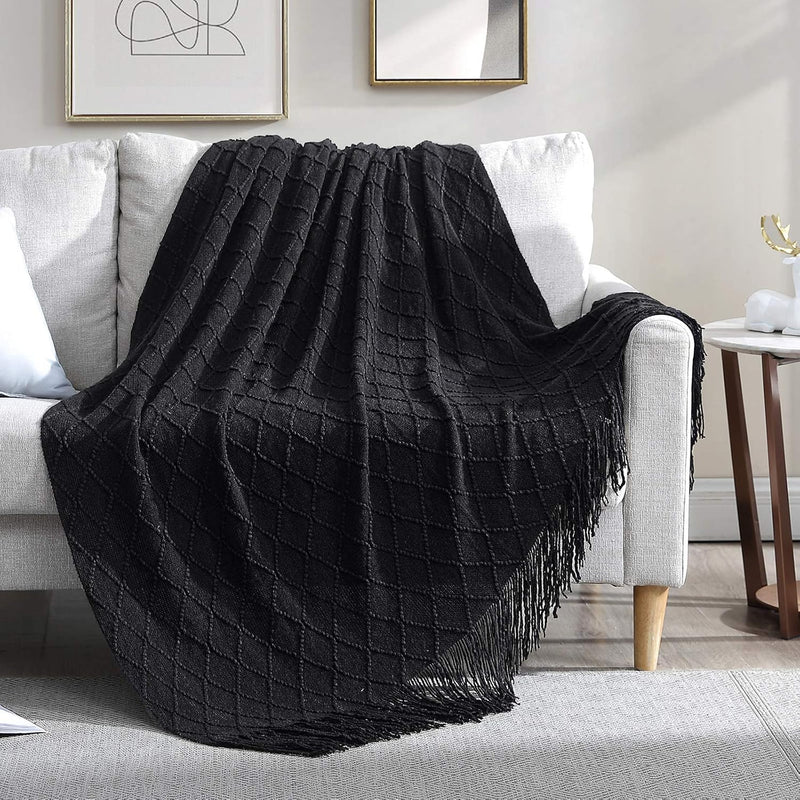 Throw Blanket For Couch, 50 X 60 Black, Acrylic Knit Woven Summer Blanket, Lig