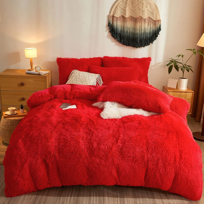 Red Fluffy Comforter Cover Shaggy Plush Set,Ultra Soft Faux Fur Duvet Cover Be