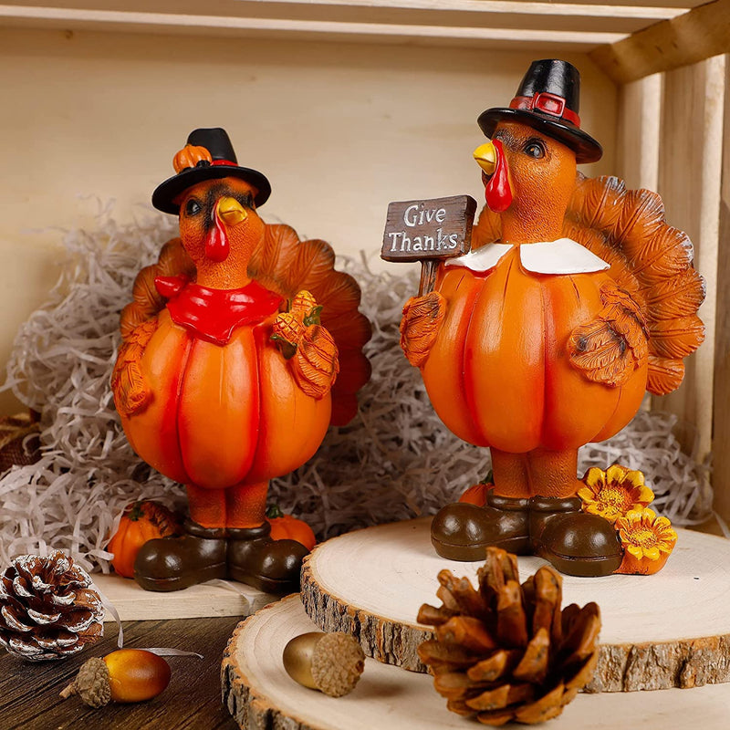 Standing Turkey Couple Thanksgiving Decorations, 2 Pack Resin Turkeys Give Tha