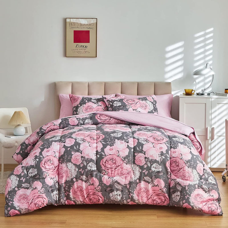 Flower Comforter Sheet Set Gray Bed In A Bag 7 Pieces Queen Size Pink White Fl