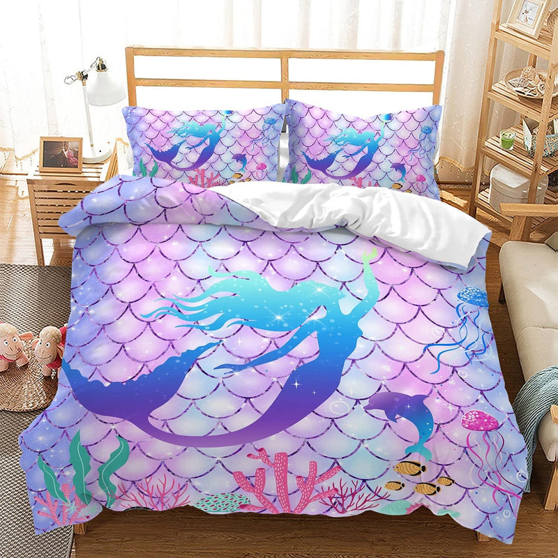 Mermaid Duvet Cover Twin Size,Ocean Rainbow Bedding Set For Girls Kids Teens,B