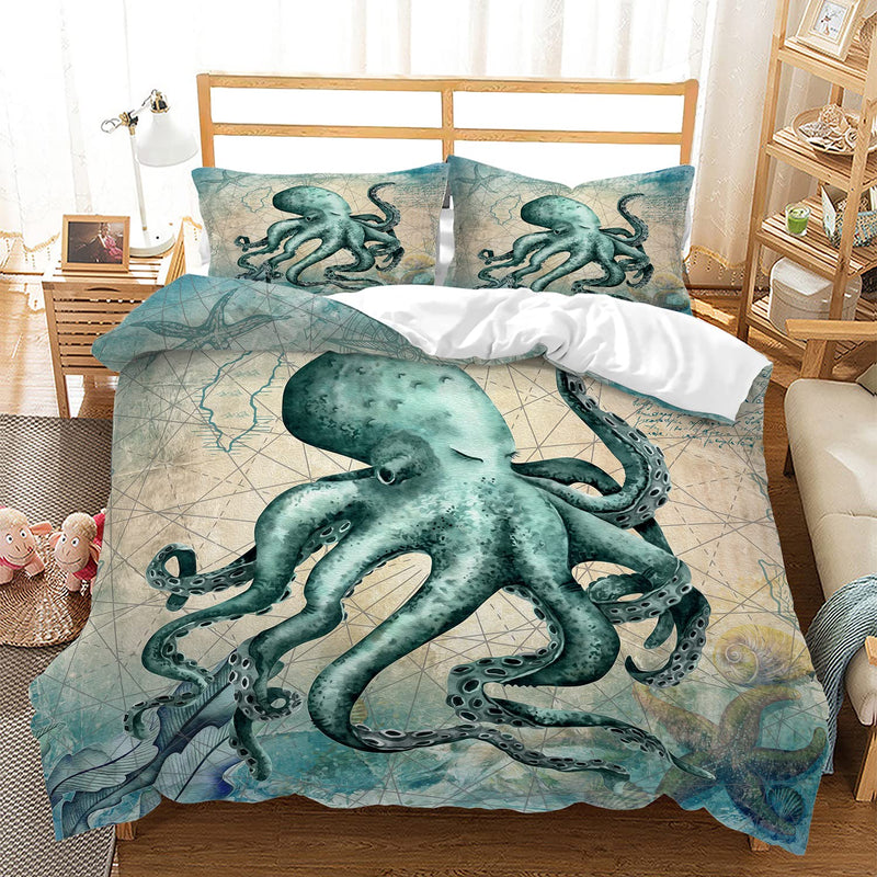 Octopus Duvet Cover Full Size,Sea Animal Mediterranean Style Design Bedding Se