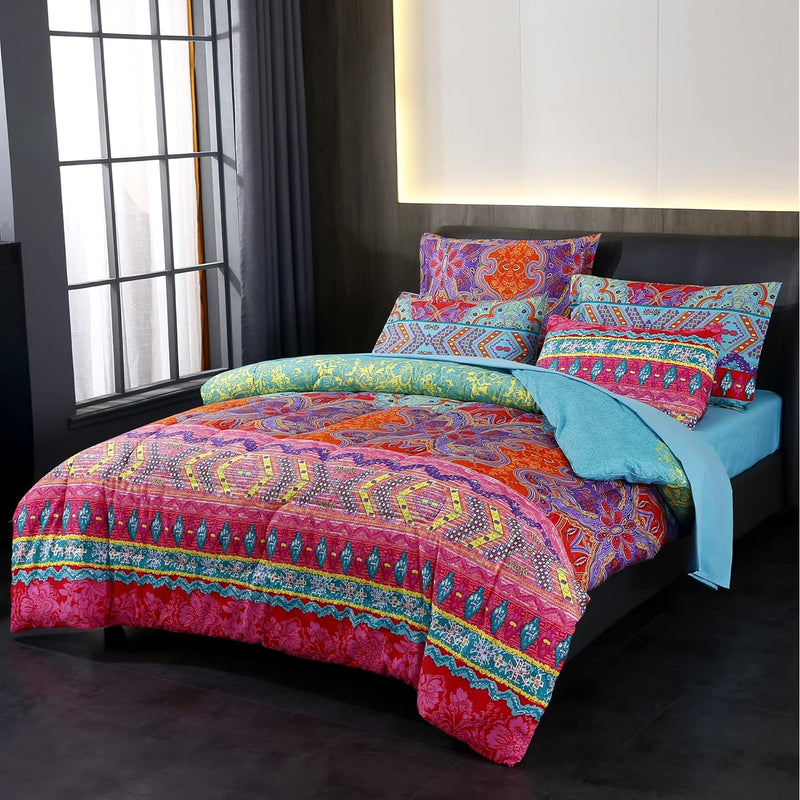 Bohemian Bed In A Bag 7 Pieces Full Size, Colorful Boho Style Red And Blue Pri