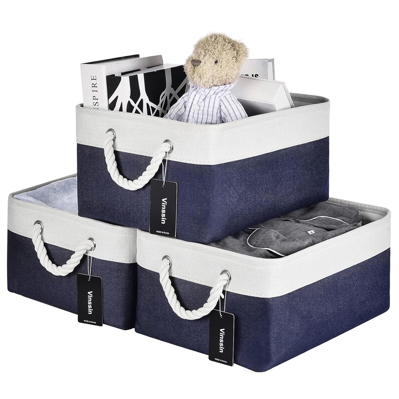 Large Storage Baskets, Foldable Blue Basket With Cotton Handles, Canvas Fabric S