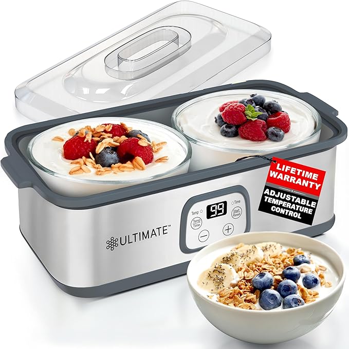 Probiotic Yogurt Maker with Adjustable Time & Temp Control - Make Trillions of Live Probiotics with Two 1-Quart Containers for Larger Batches - Best Greek Yogurt Maker