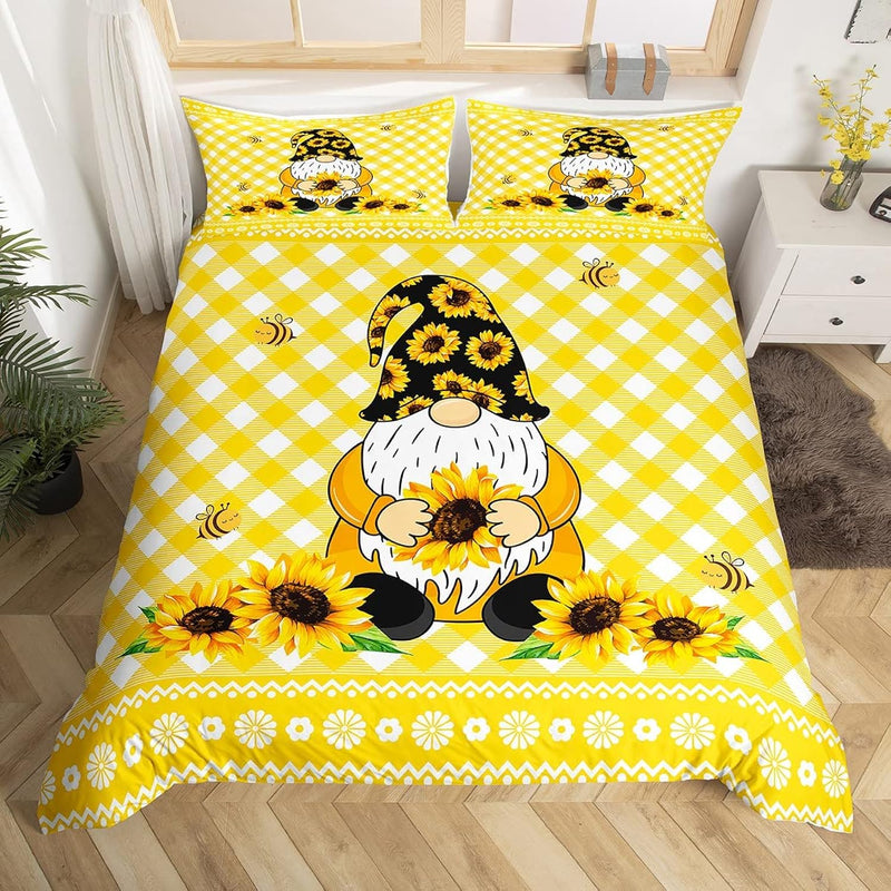 Sunflower Gnome Comforter Cover Twin,Kids Yellow Flowers Bed Sets Bedroom Deco
