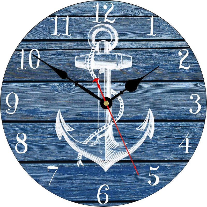 14 Inch White Anchor Pattern Wall Clock, Non Ticking Silent Clocks, Nautical R