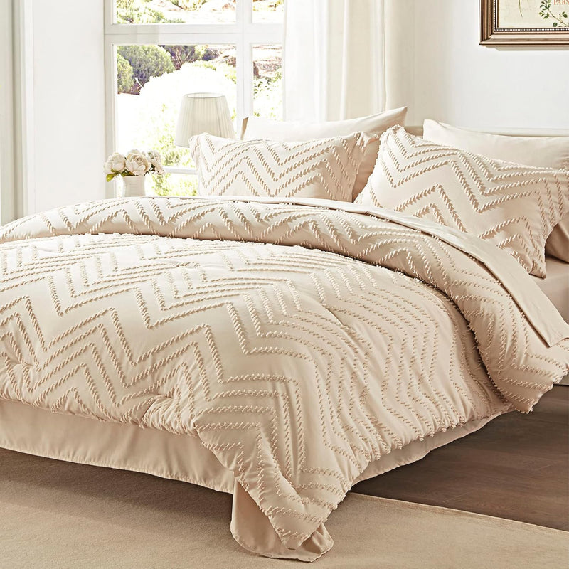 Queen Comforter Set, Beige Tufted Bed In A Bag 7 Pieces With Comforters And Sh