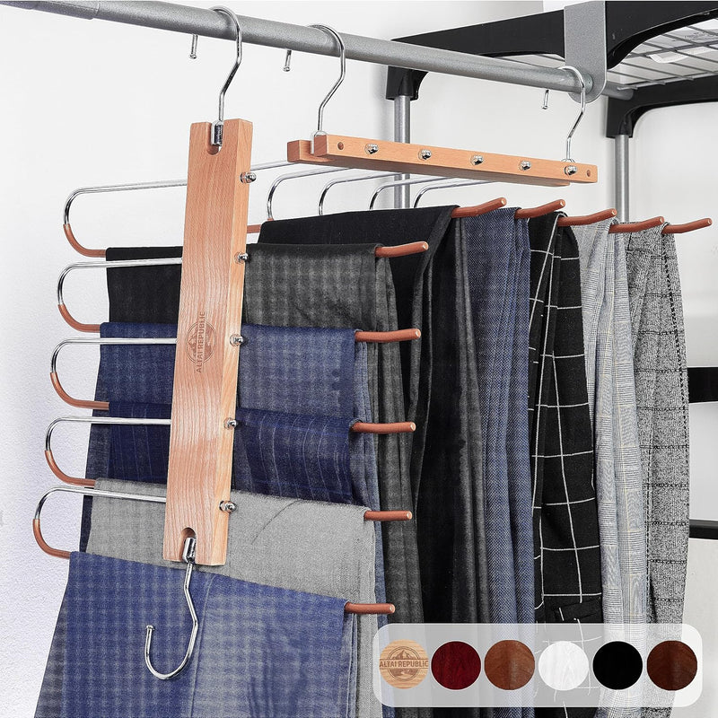 Wooden Pants Hangers Space Saving,5 In 1 Jean Hangers For Closet - Trouser Hange