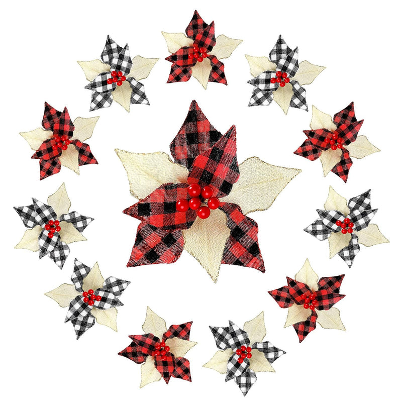 12 Pieces Christmas Buffalo Plaid Poinsettias Christmas Tree Ornament Artifici