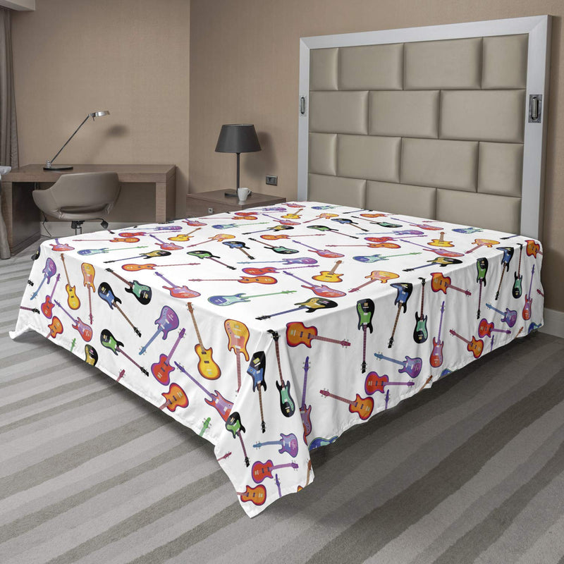 Music Flat Sheet, Colorful Illustration Of Electro Guitar Instrument Teen Hobb