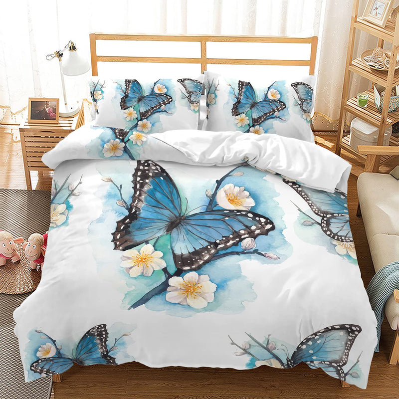 Butterfly Duvet Cover Queen Size,Blue Watercolor Bedding Set,Butterfly Comfort