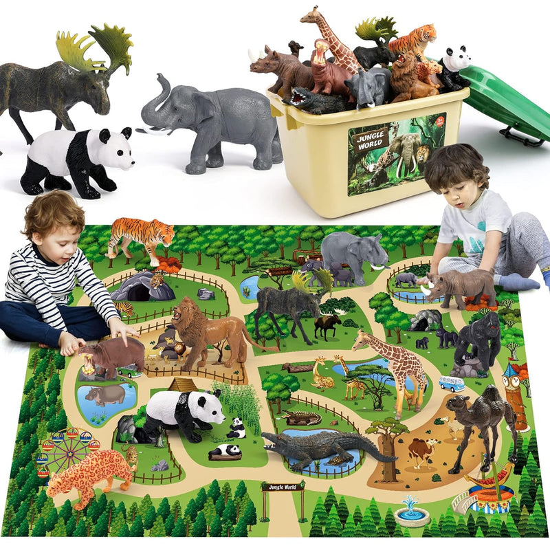 Safari Animals Figures Toys W/ 57”X38.5”Jumbo Play Mat,12Pcs Realistic Jung