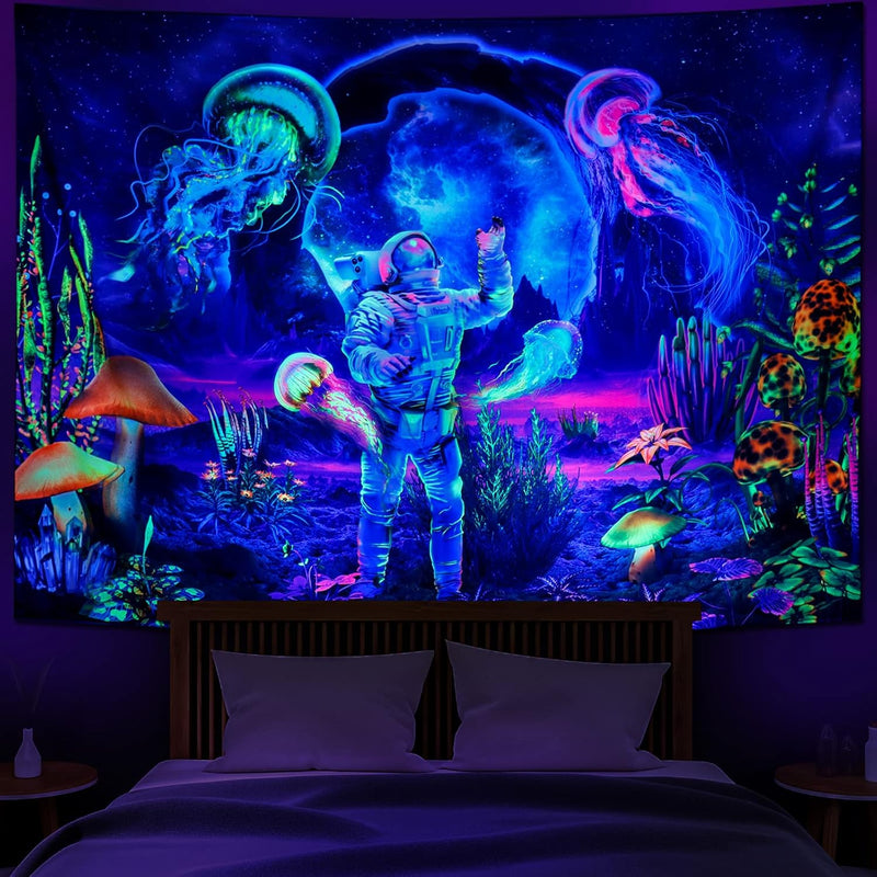 Blacklight Astronaut Tapestry Uv Reactive Fantasy Plants Jellyfish Wall Tapest