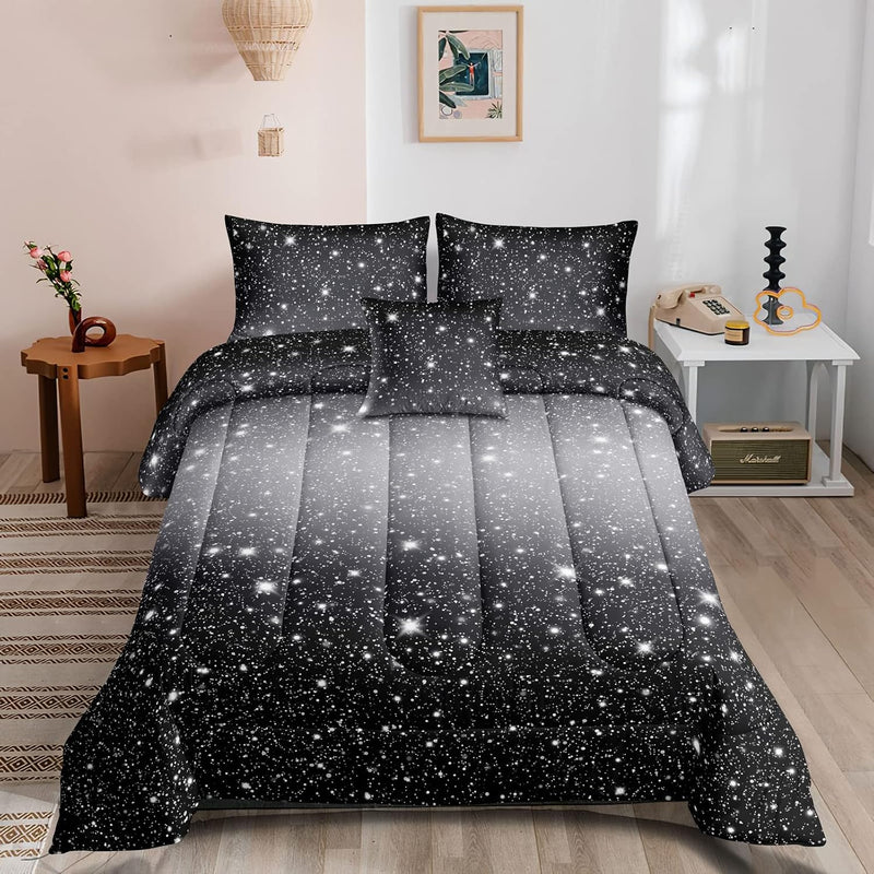 6 Pieces Black Grey Glitter Sparkles Comforter Set Full Size,Galaxy Starry Sky