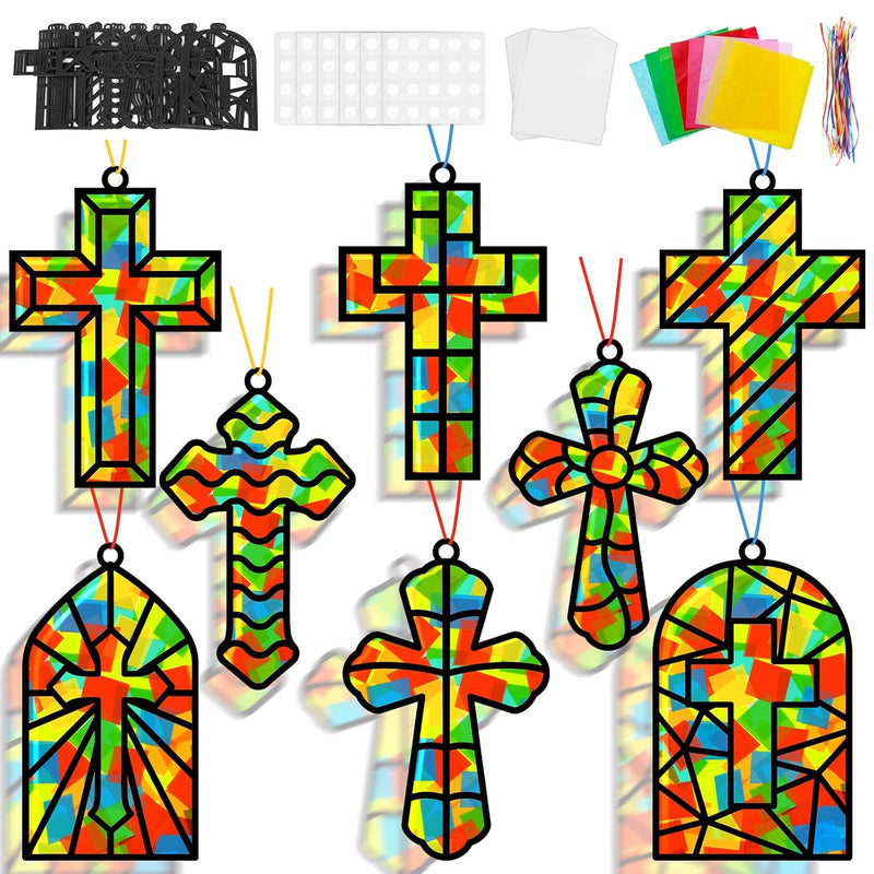 32 Set Christian Cross Suncatcher Craft Kit, DIY VBS Stained Glass Window Art