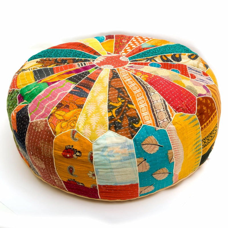 Vintage Pouf Ottoman Cover -Recycled Cotton - Round 24X8 Inches - Bohemian Roo